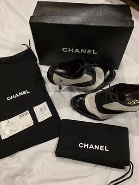 CHANEL Black and White Two-Tone Lace-Up Heels